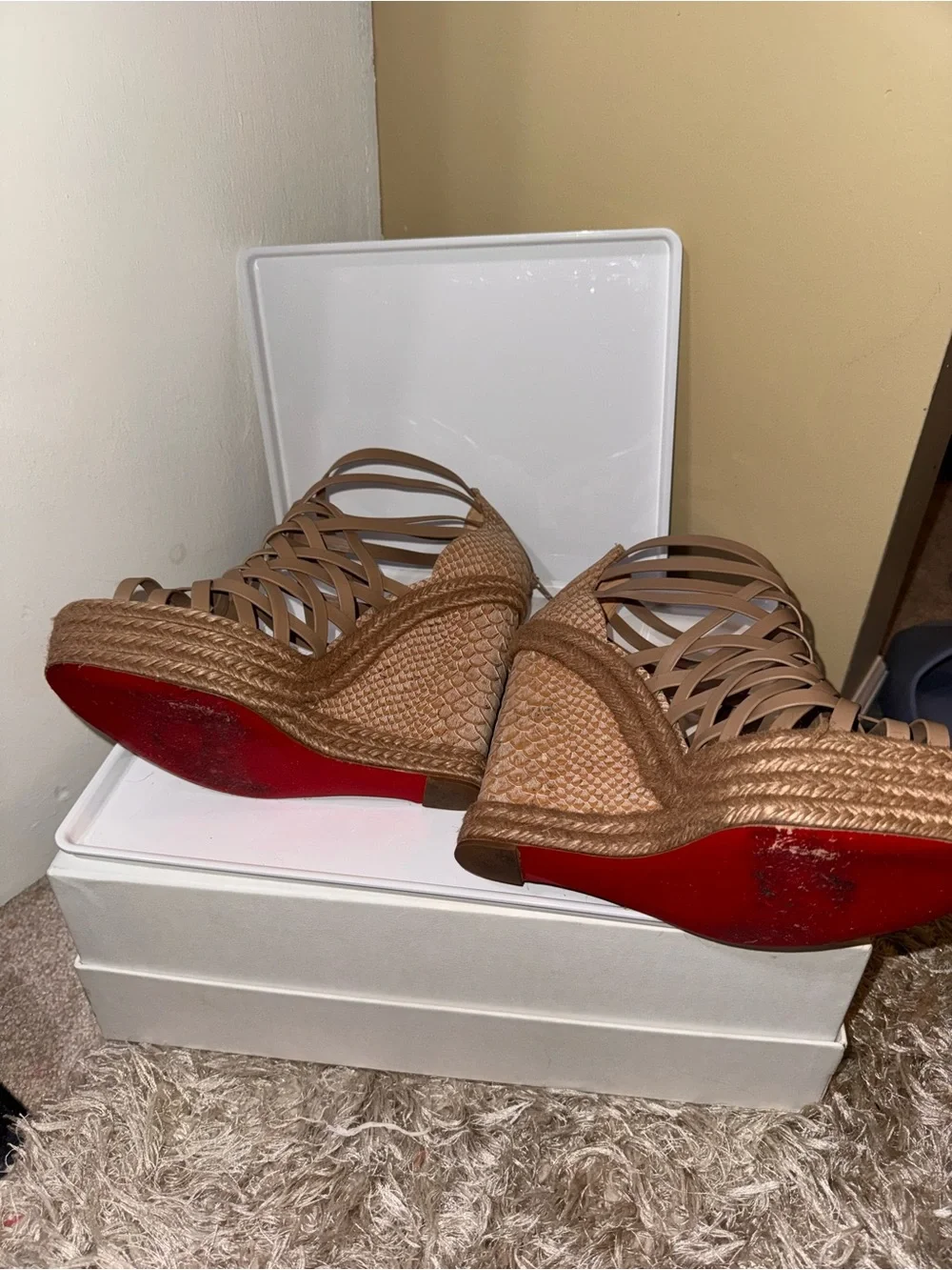 Christian Louboutin Braided Espadrille Wedge Sandals - Beige